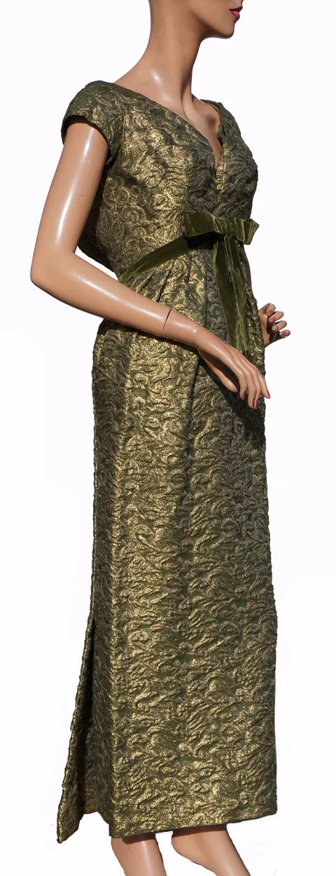 Paris Couture 1960s Gold Lame Evening Gown Green Brocade Dress Size S