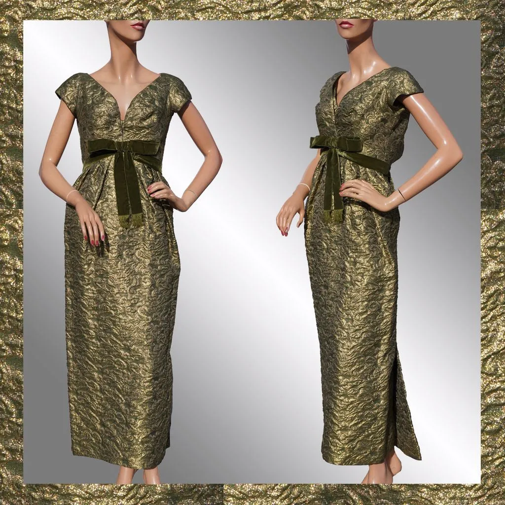 Paris Couture 1960s Gold Lame Evening Gown Green Brocade Dress Size S