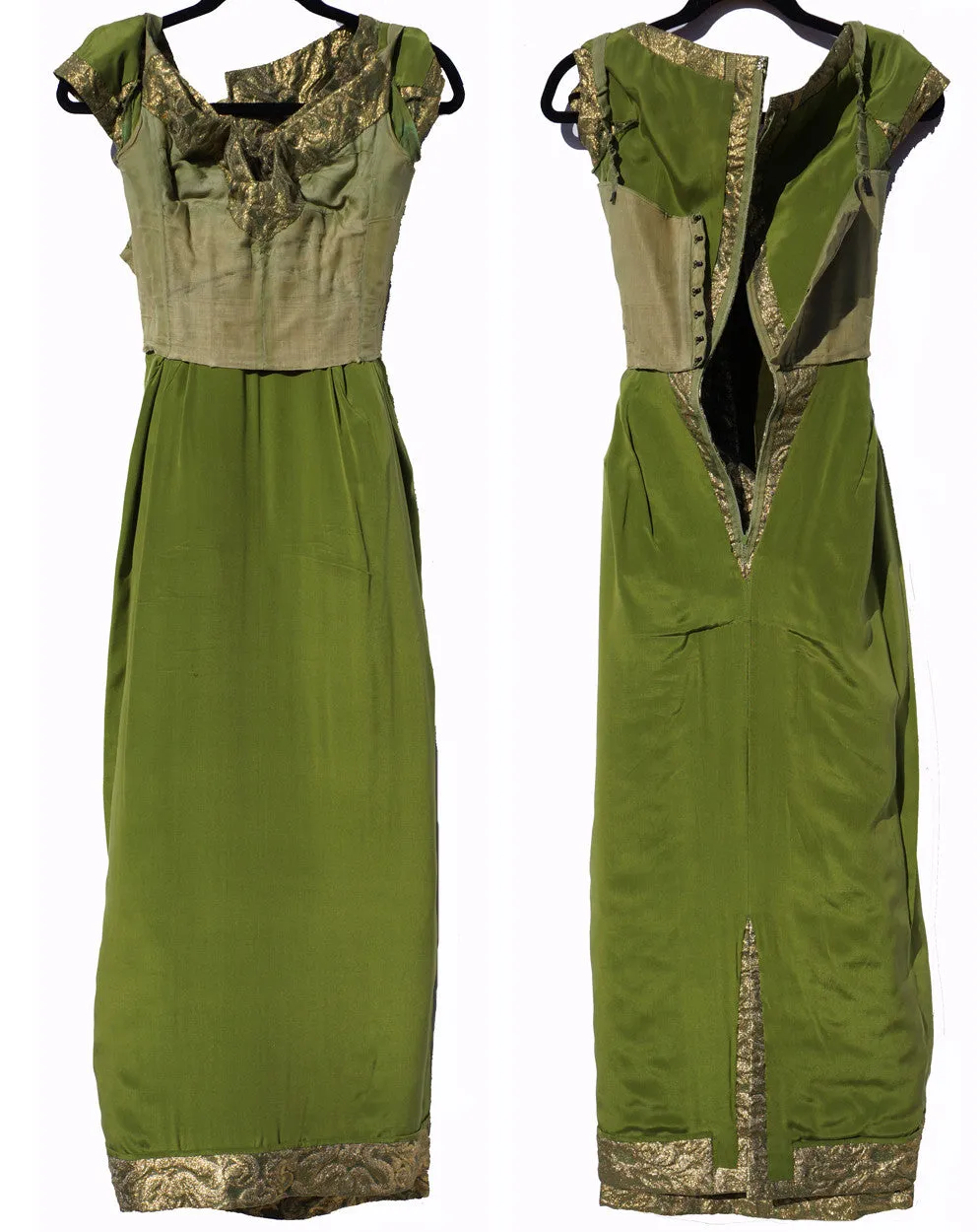 Paris Couture 1960s Gold Lame Evening Gown Green Brocade Dress Size S