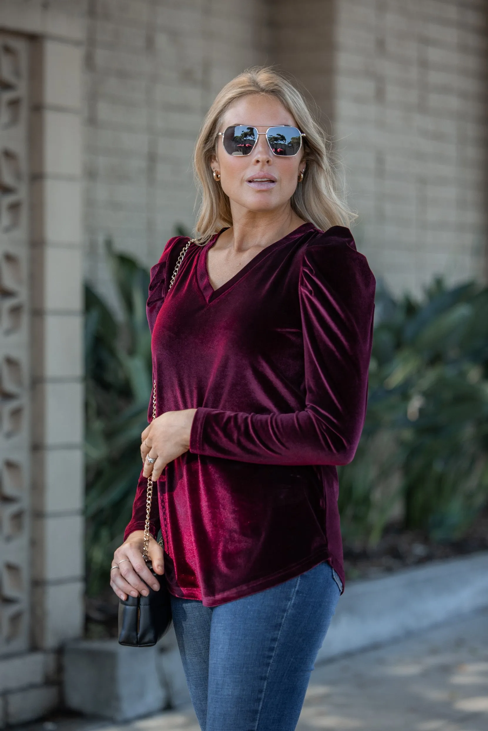 Pleated Long Sleeve V-neck Top