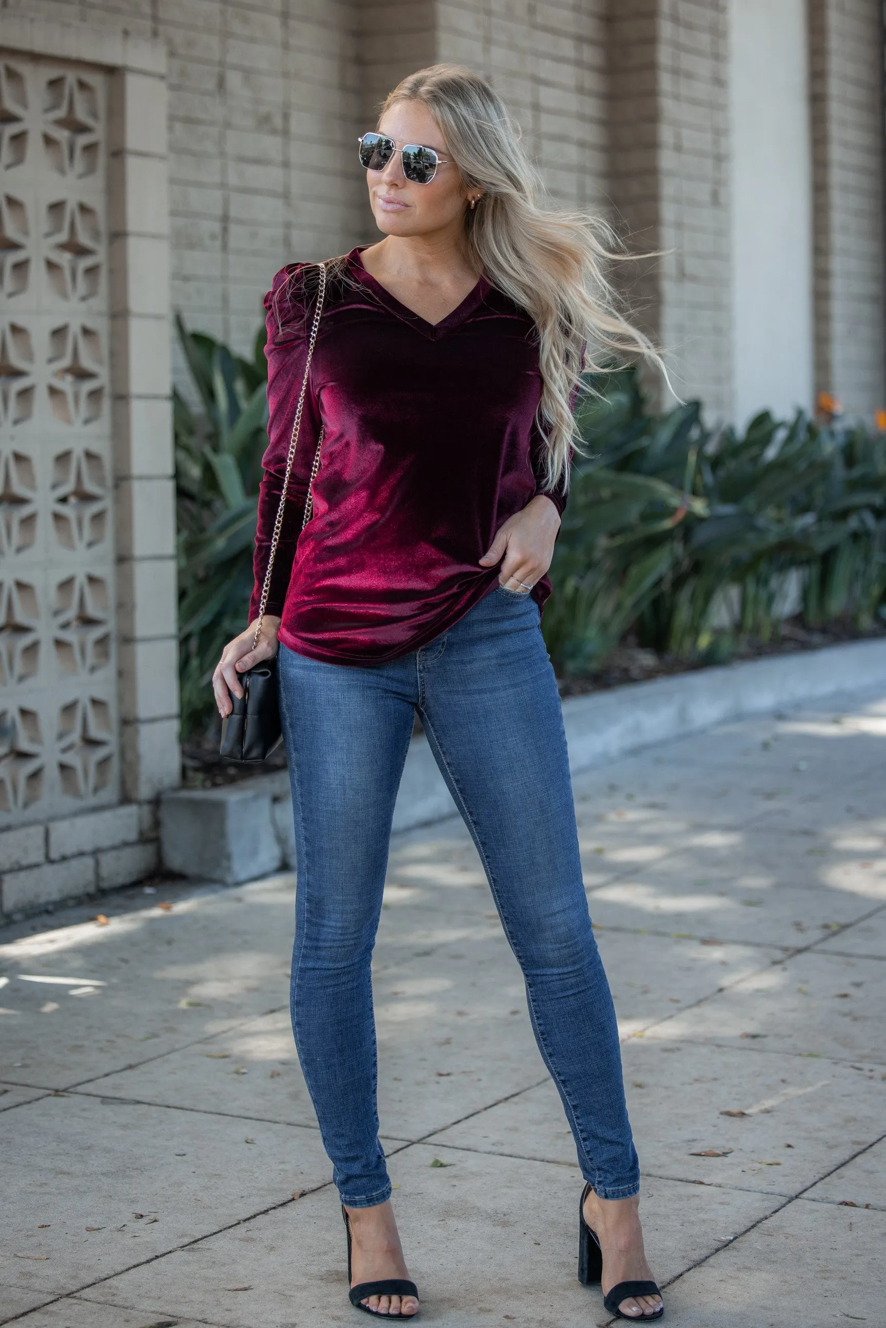 Pleated Long Sleeve V-neck Top