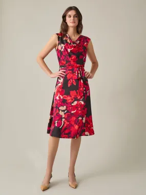 Plus Cowl Neck Fit-and-Flare Dress, Floral Satin