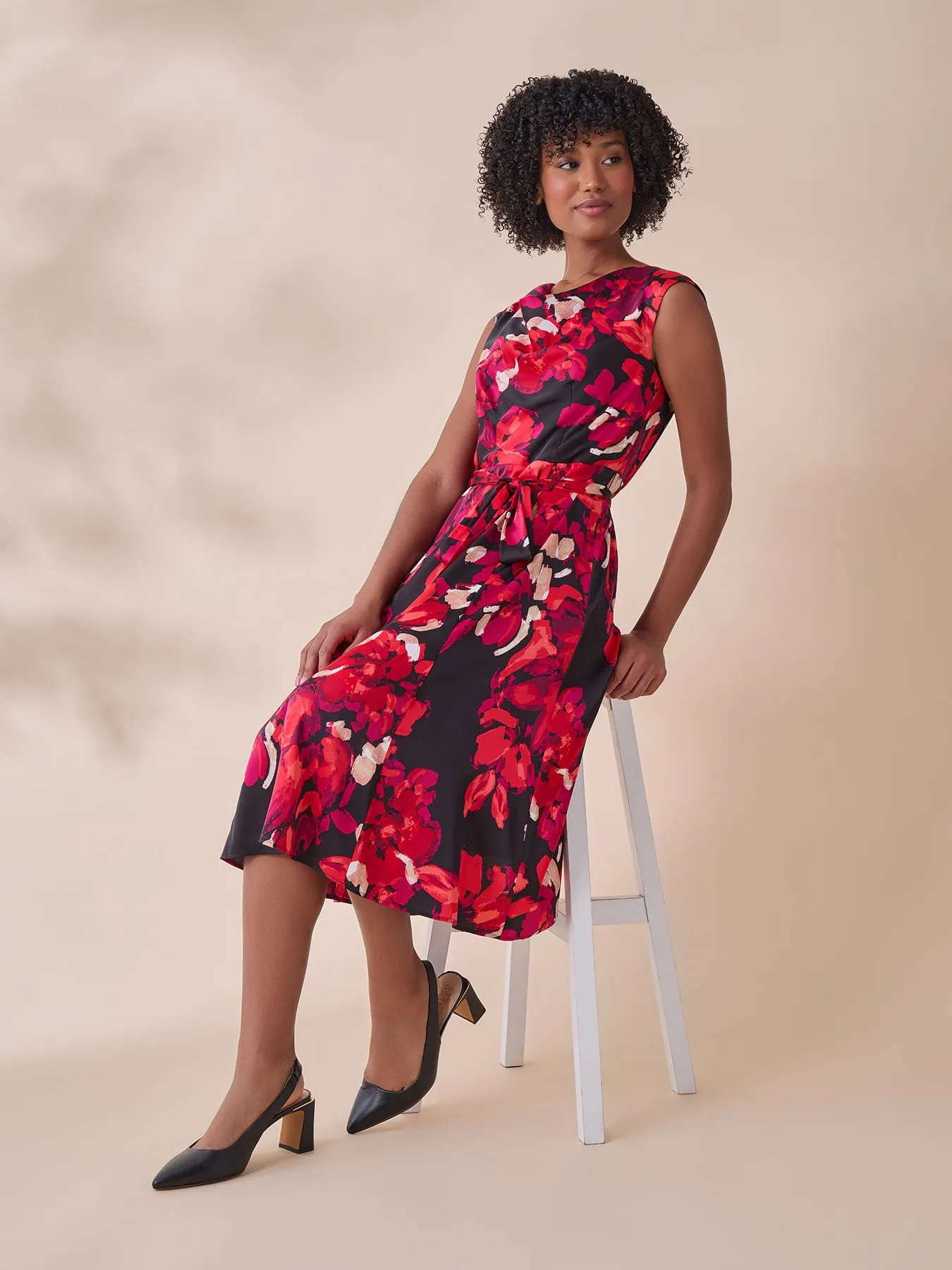 Plus Cowl Neck Fit-and-Flare Dress, Floral Satin