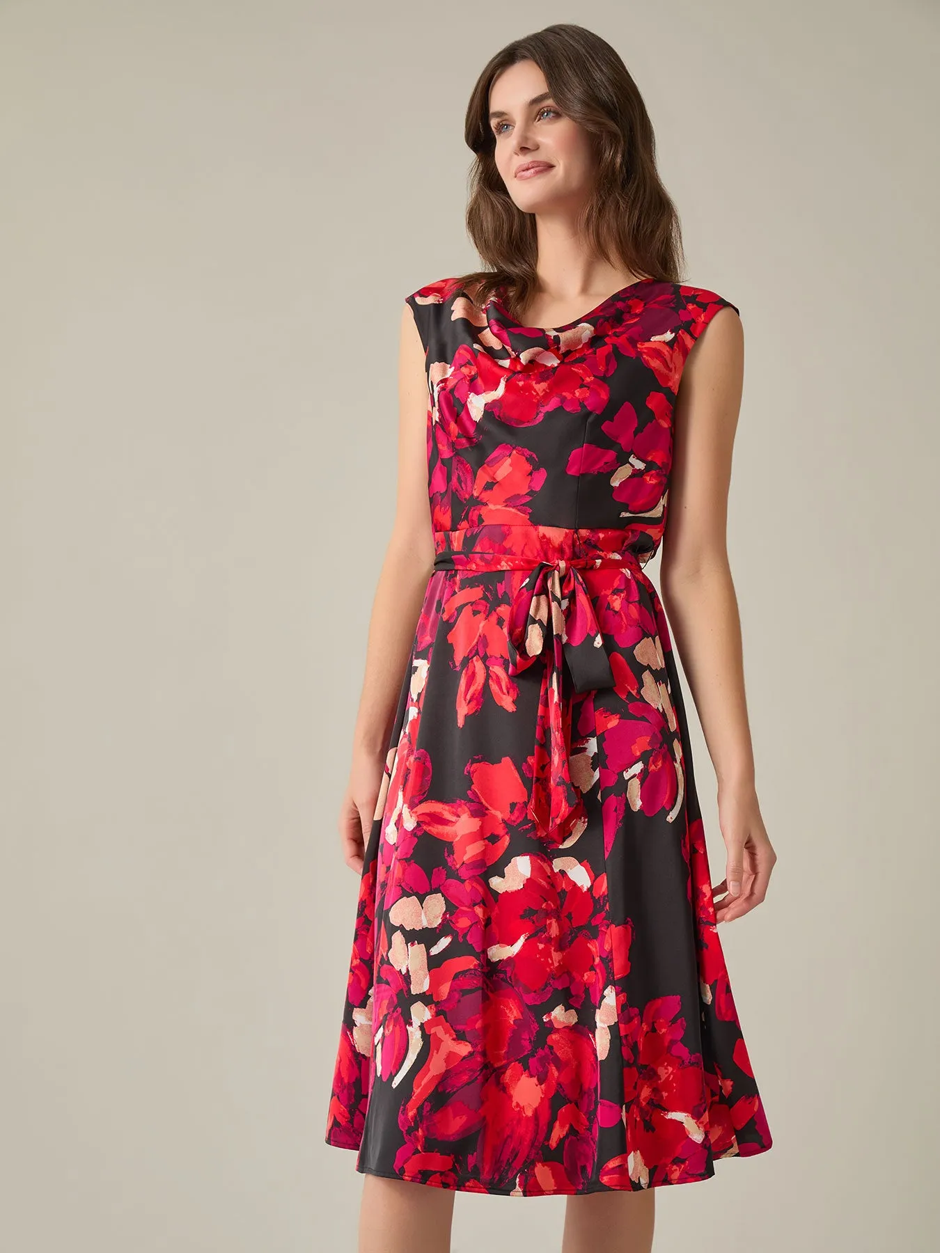 Plus Cowl Neck Fit-and-Flare Dress, Floral Satin