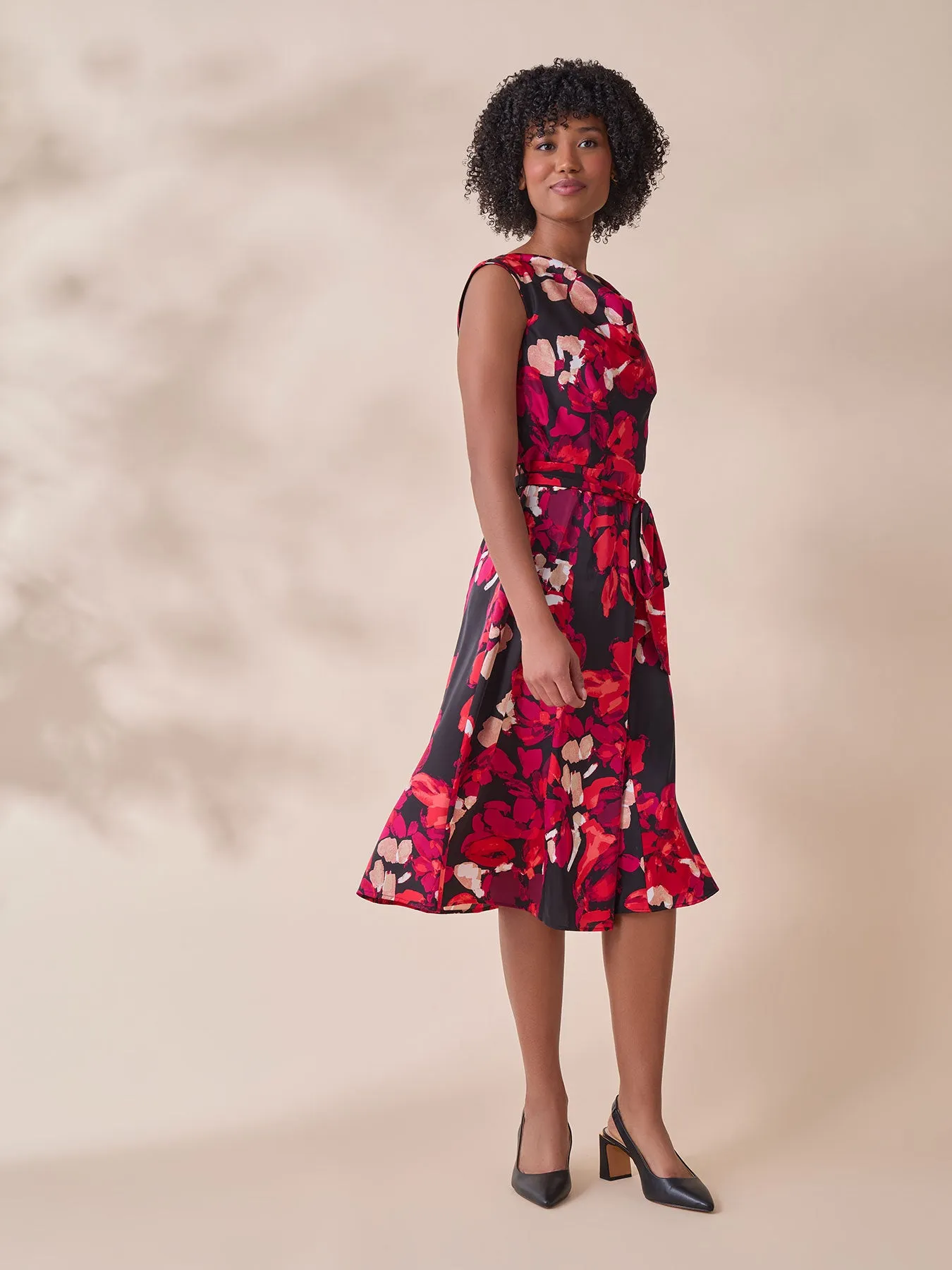 Plus Cowl Neck Fit-and-Flare Dress, Floral Satin