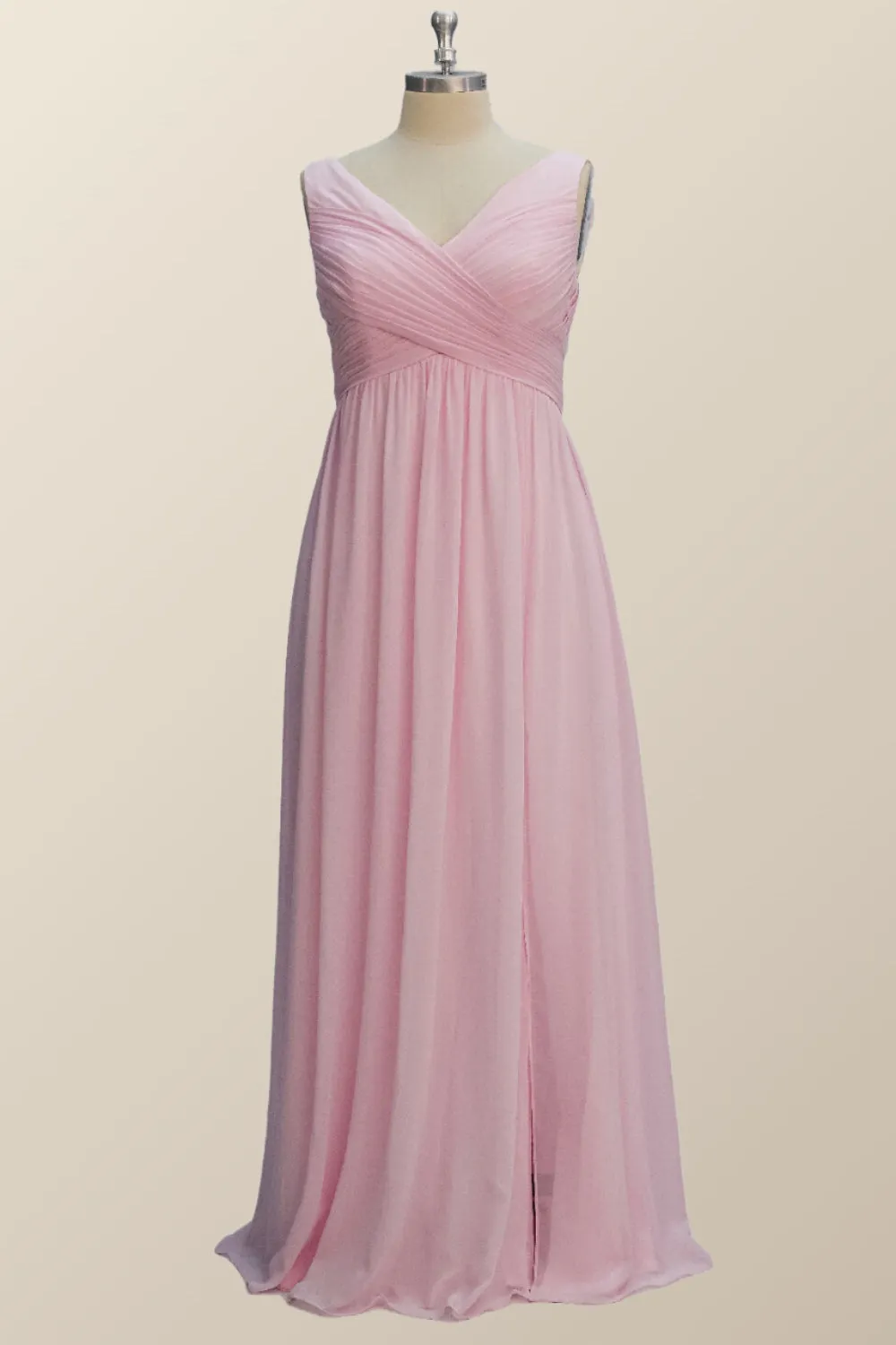 Princess Pink Pleated V Neck Long Bridesmaid Dress