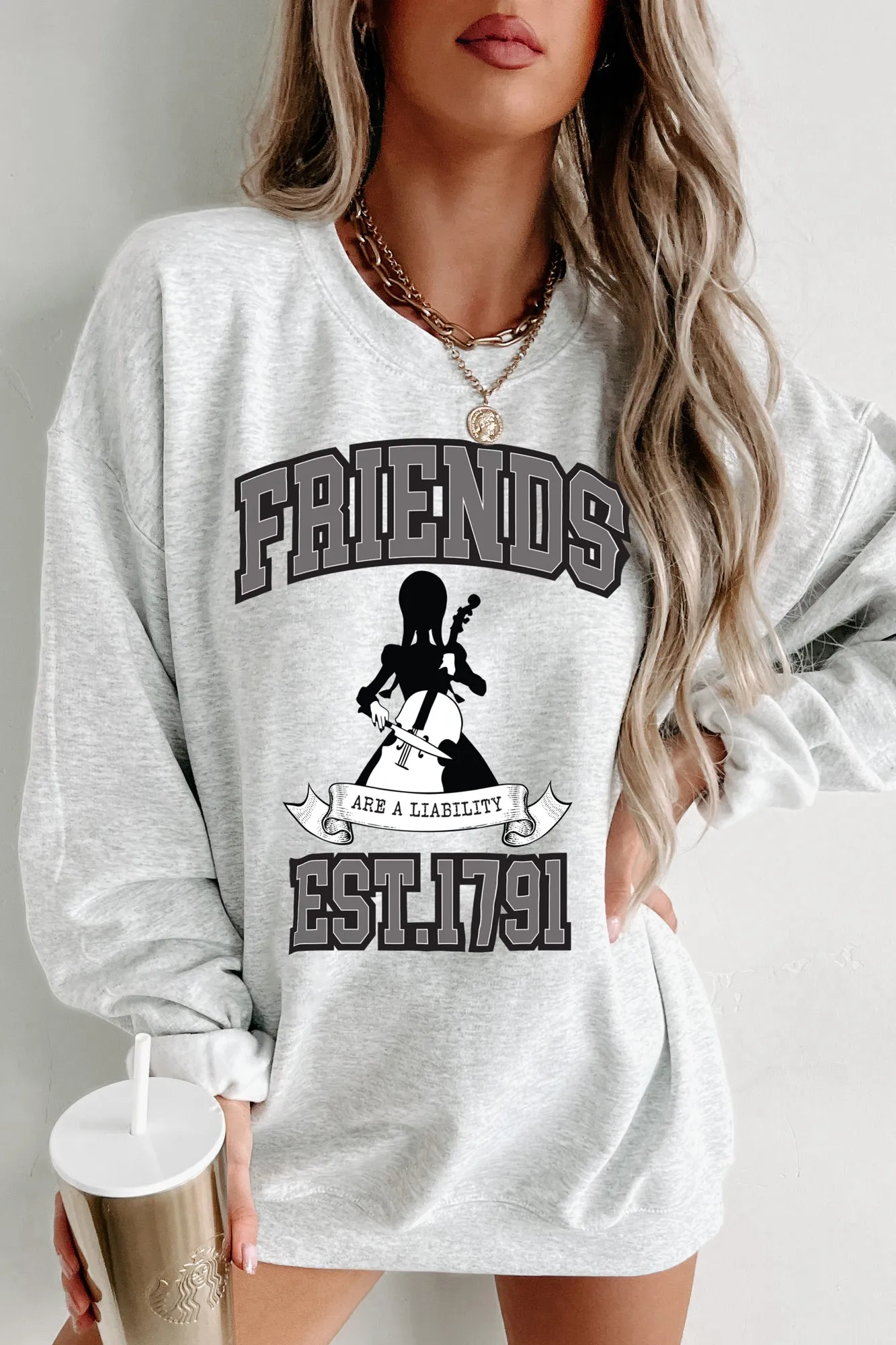 "Friends Are A Liability" Graphic Crewneck (Ash) - Print On Demand