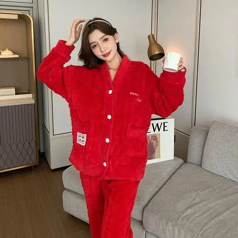 Red Coral Fleece Pajamas for Women – Fall/Winter Sleepwear, Thickened Fleece Cardigan, Jubilant Loungewear Also Suitable for Outdoor Wear