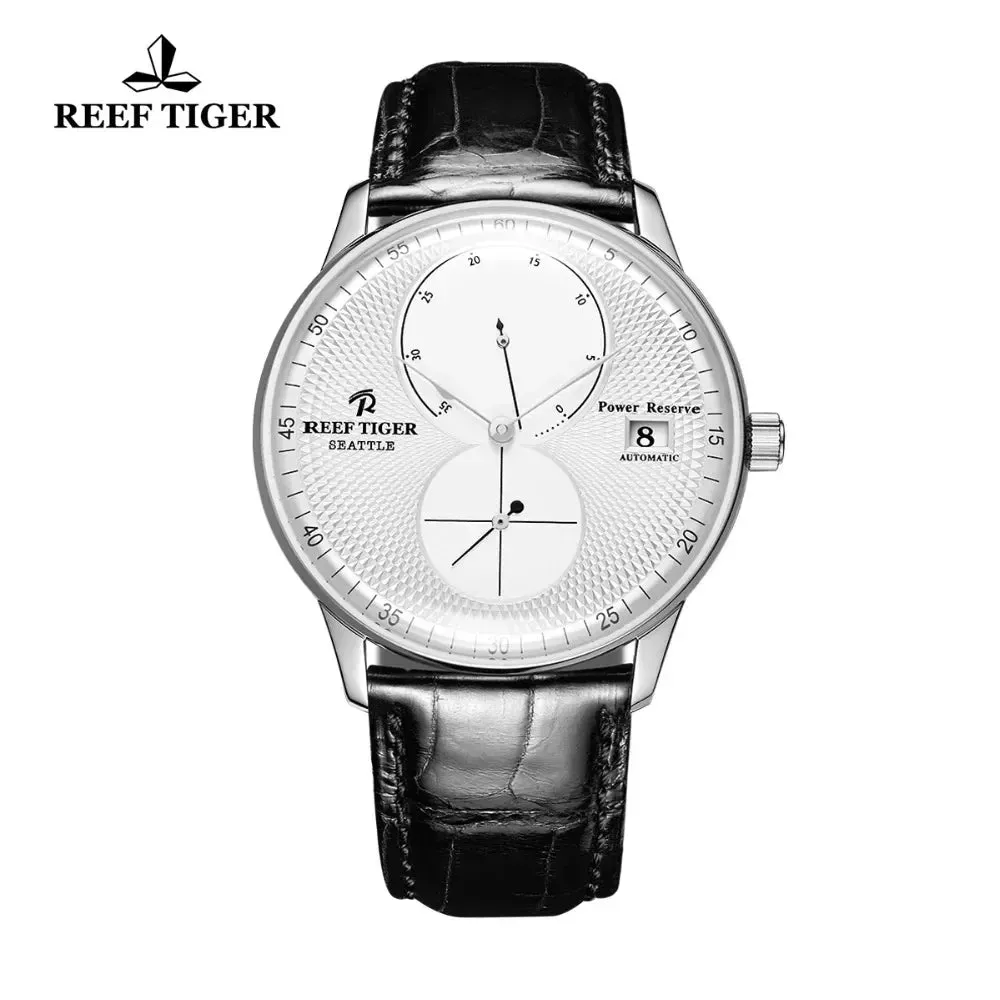 Reef Tiger Men's Fashion Automatic Watch Simple Design Self-winding Mechanical Movement Calendar Waterproof Leather Wristwatch