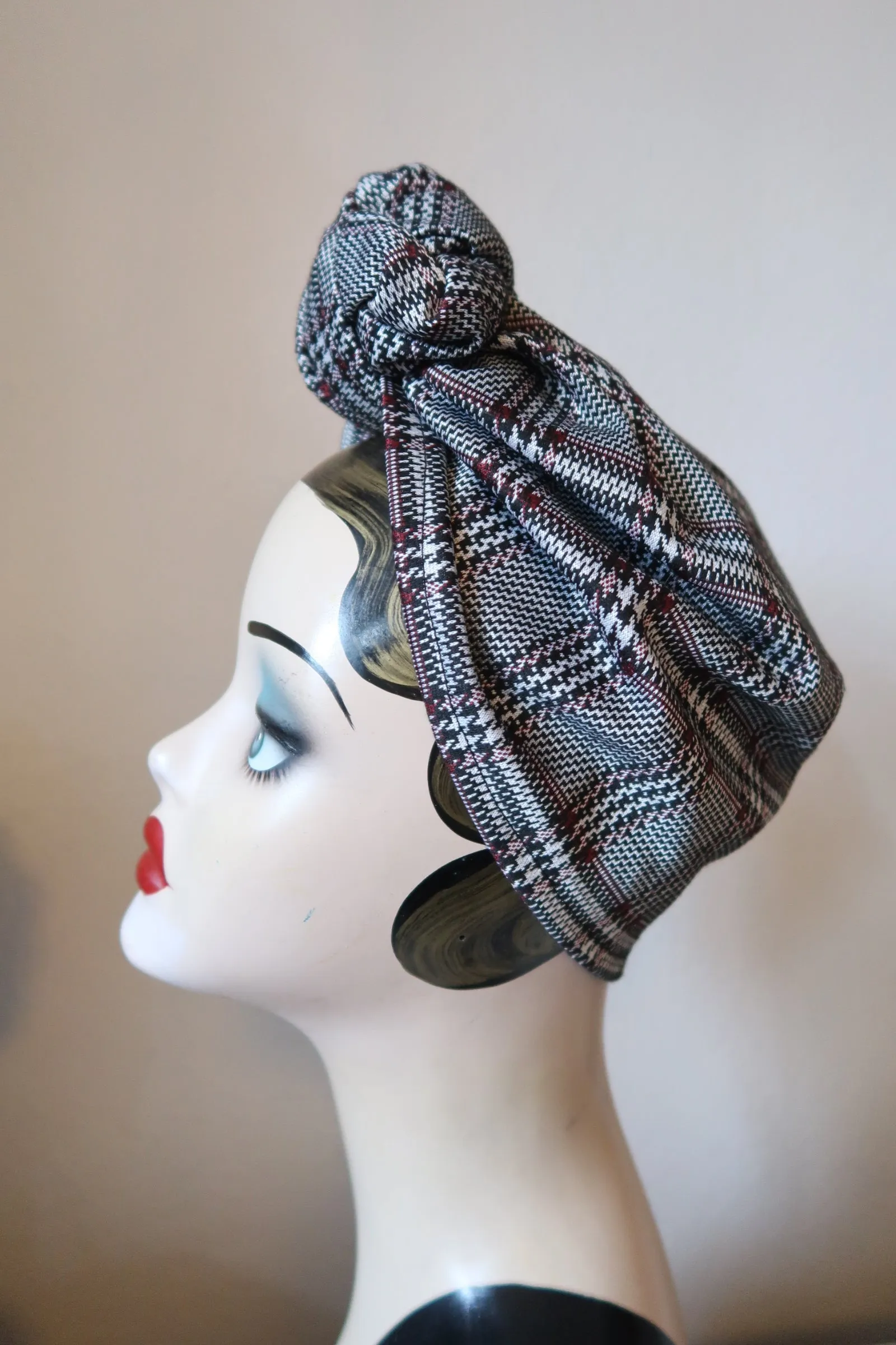 SALE ITEM: SMALL KNOT Black/White/Burgundy Plaid (Full Coverage) 1940s Style Pre-tied Turban