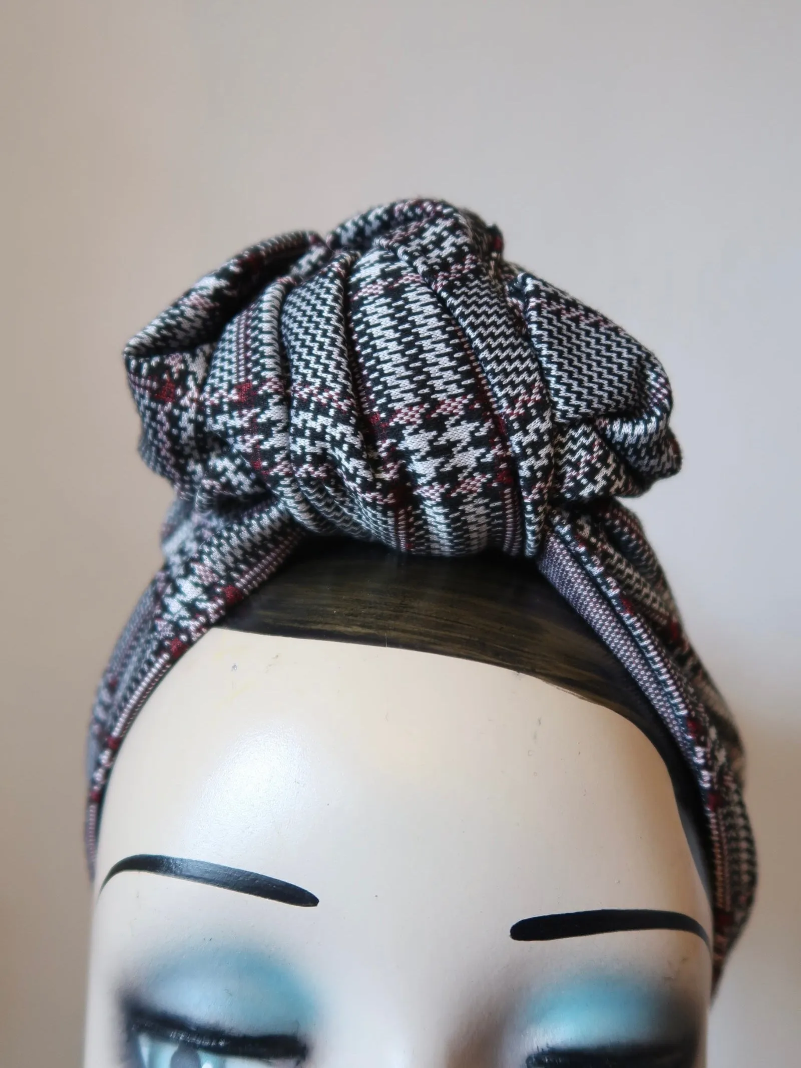 SALE ITEM: SMALL KNOT Black/White/Burgundy Plaid (Full Coverage) 1940s Style Pre-tied Turban