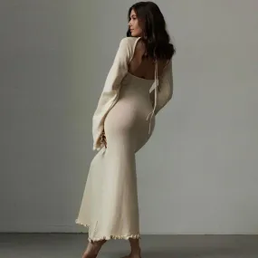 Sexy Cutout Back Tie Stringy Selvedge Bell Sleeve Knit Sweater Maxi Dress