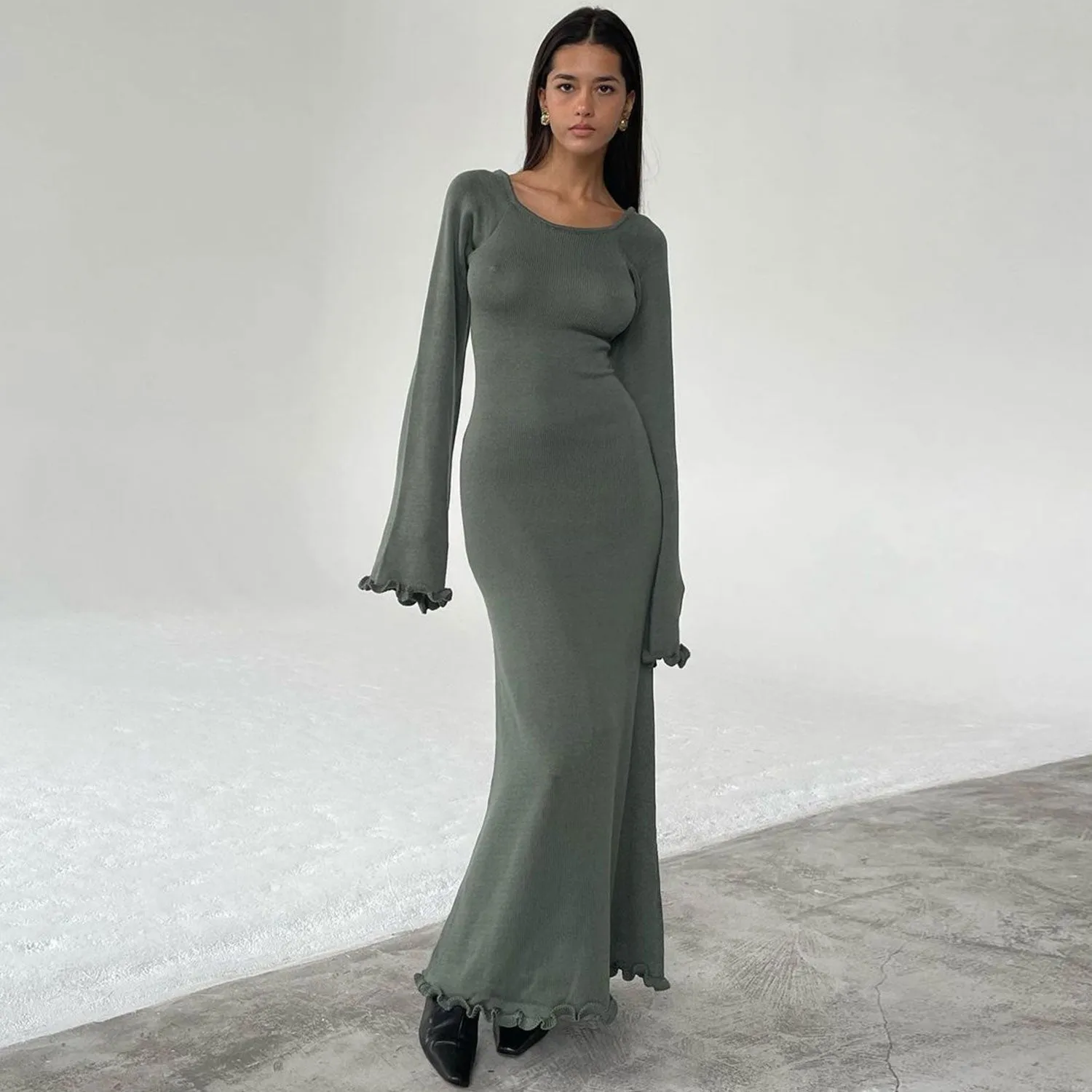 Sexy Cutout Back Tie Stringy Selvedge Bell Sleeve Knit Sweater Maxi Dress