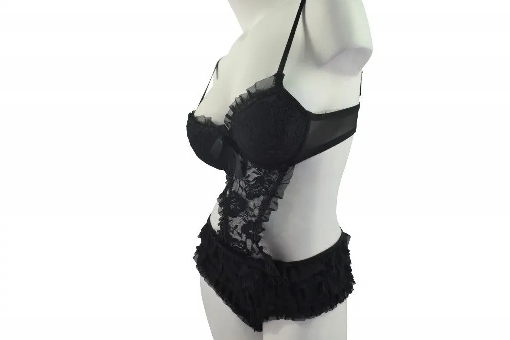 Sexy Lacey Ruffly Plus-Size Bodysuit CrissCross - Black - Size 2X