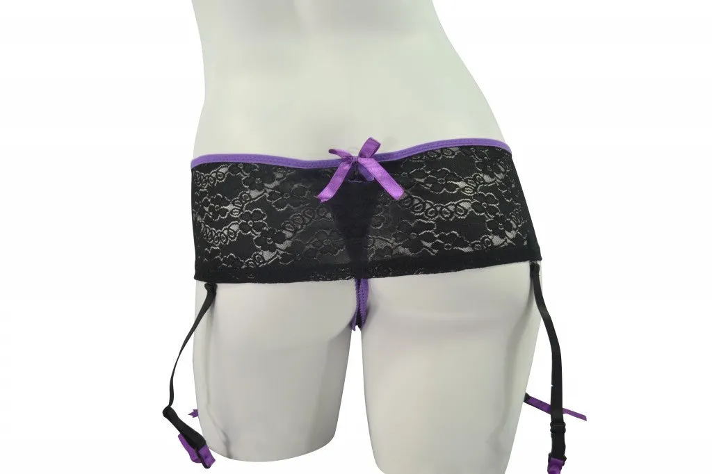 Sexy Skirted Thong Panty with Garters - Purple & Black