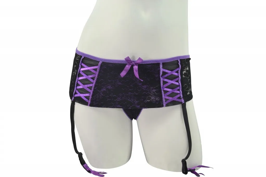 Sexy Skirted Thong Panty with Garters - Purple & Black