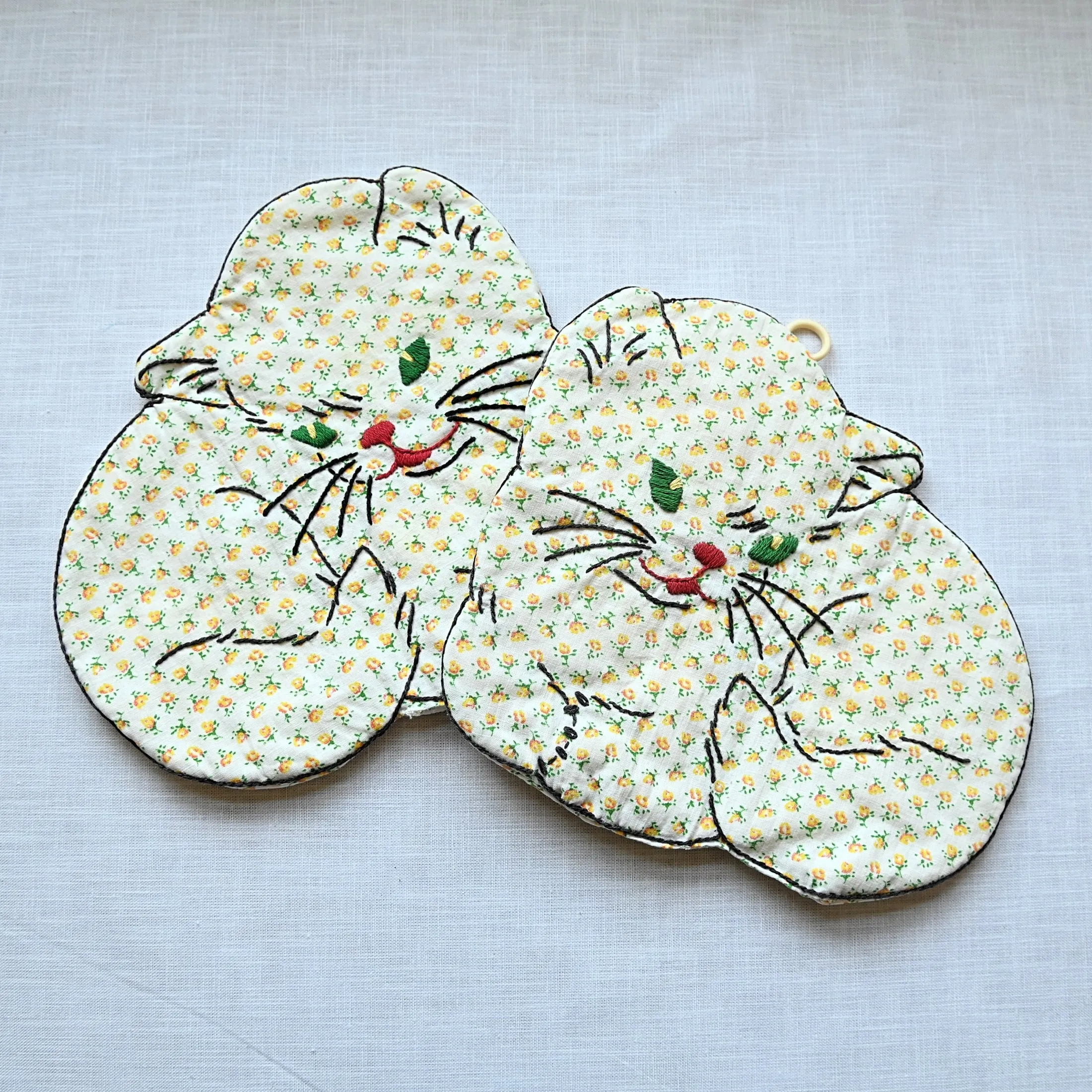 SOLD Vintage Embroidered Cat Pot Holders (2), Calico Print