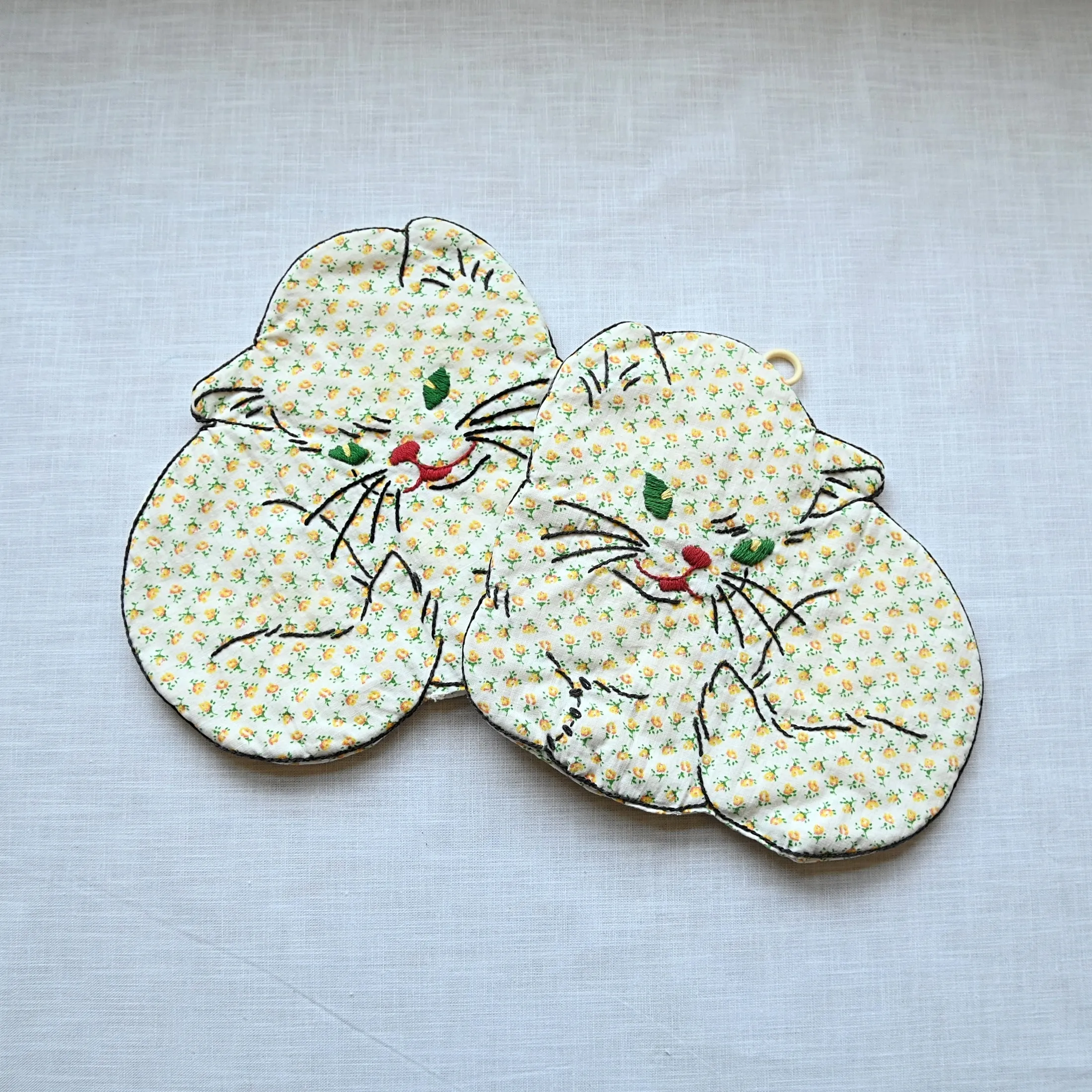 SOLD Vintage Embroidered Cat Pot Holders (2), Calico Print