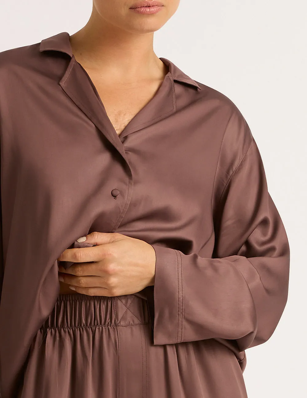 Vegan Silk Long Sleeve Sleep Shirt - Garnet