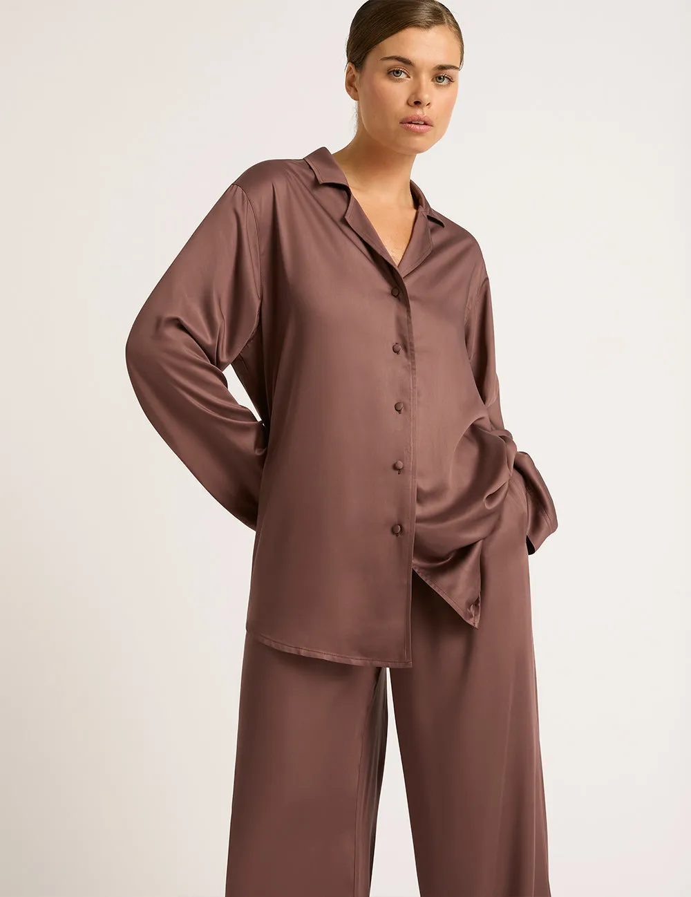 Vegan Silk Long Sleeve Sleep Shirt - Garnet