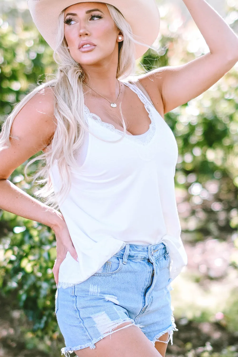 White Delicate Lace Trim Flared Tank Top