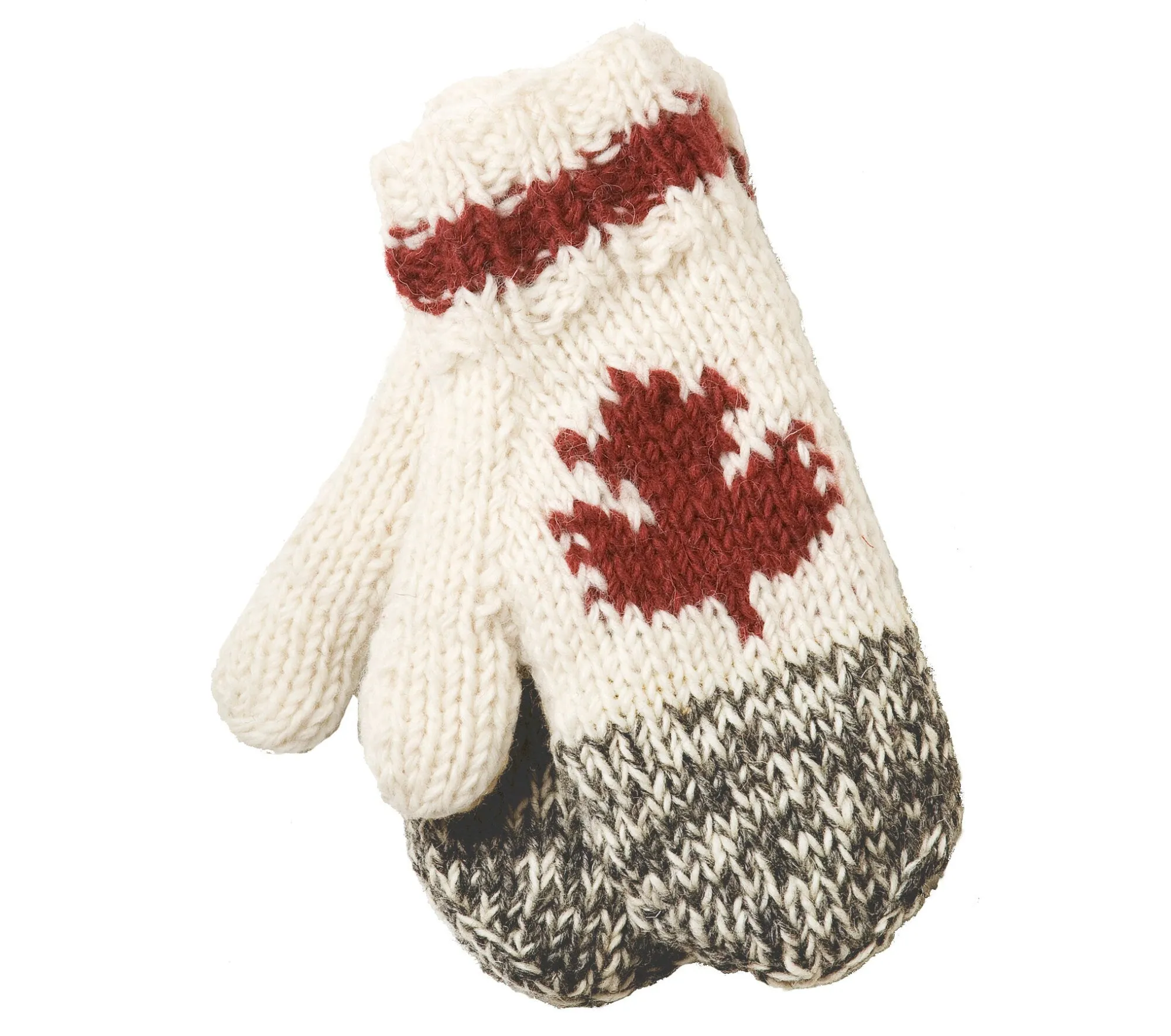 Winter Wool Mittens, Red Maple design, Fleece Lining, Chunky Knit