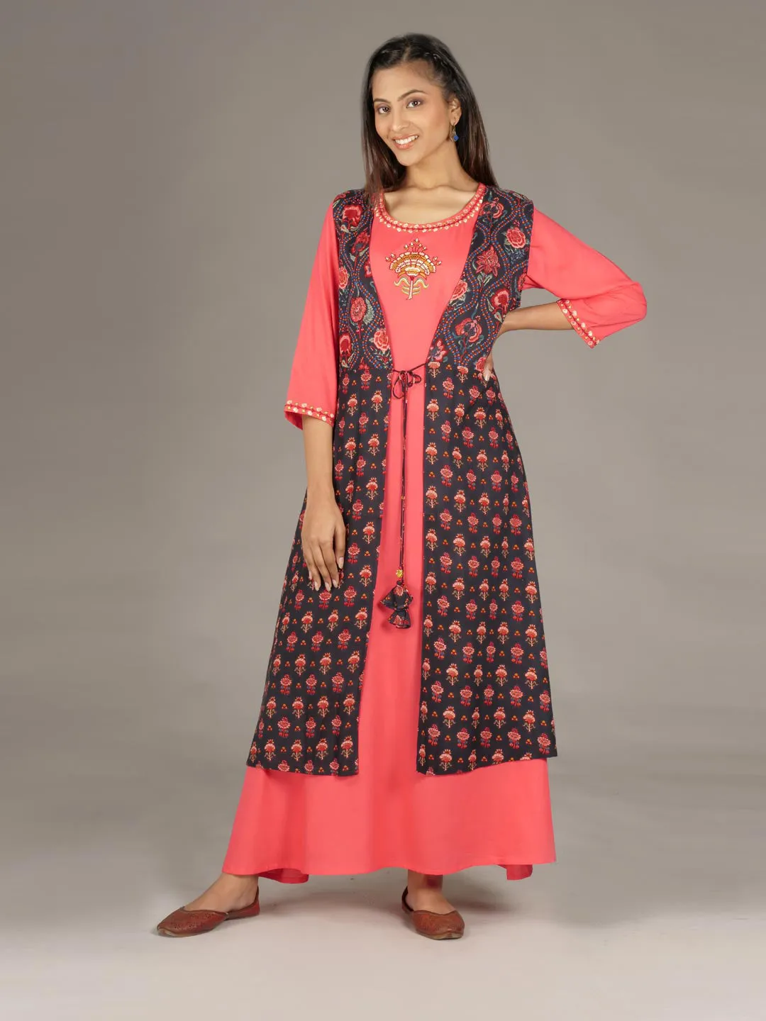 Women Black & Coral Rayon Floral Dress With Jacket