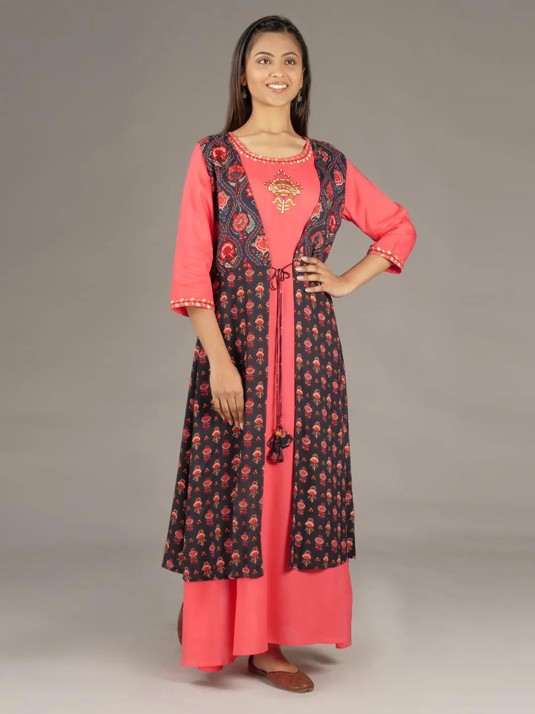 Women Black & Coral Rayon Floral Dress With Jacket