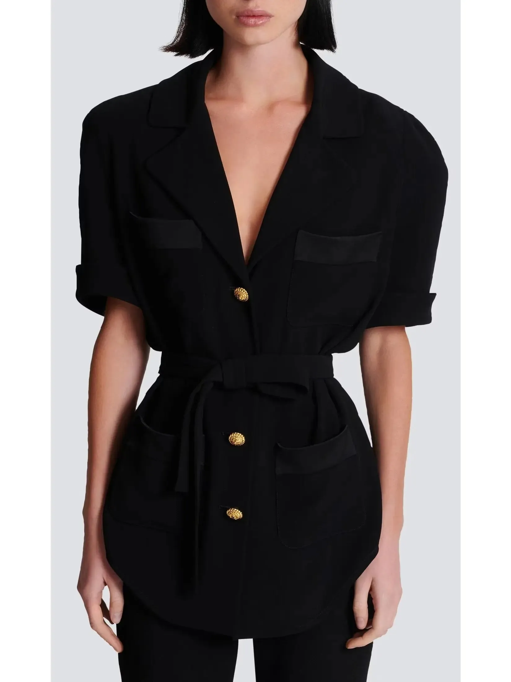 Women’s Belted Black Crepe Safari Shirt