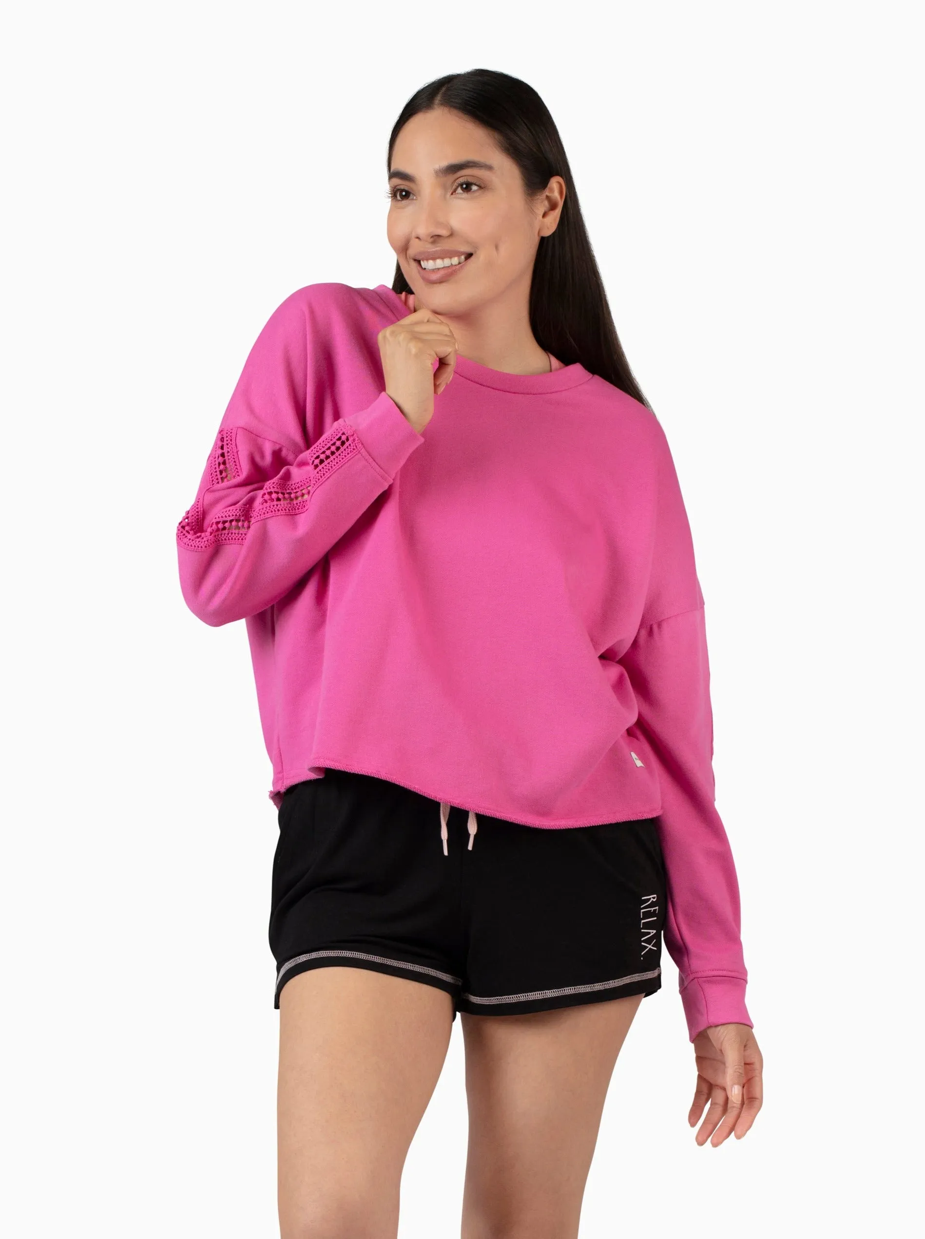 Women's French Terry Crochet Trim Sweatshirt, Hot Pink and Navy Blue