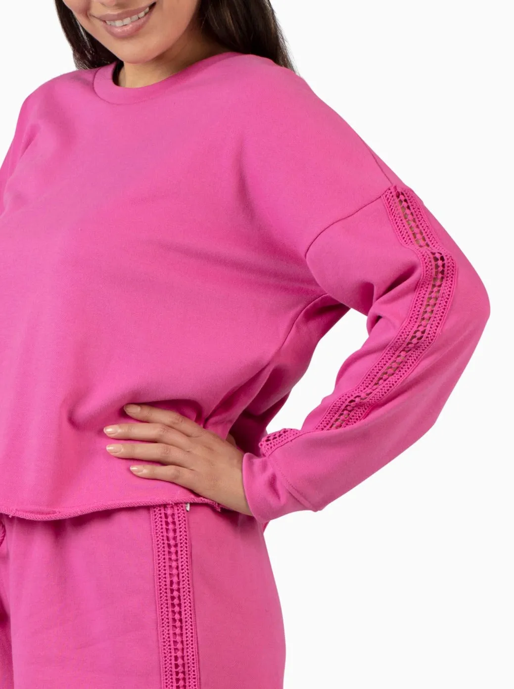 Women's French Terry Crochet Trim Sweatshirt, Hot Pink and Navy Blue