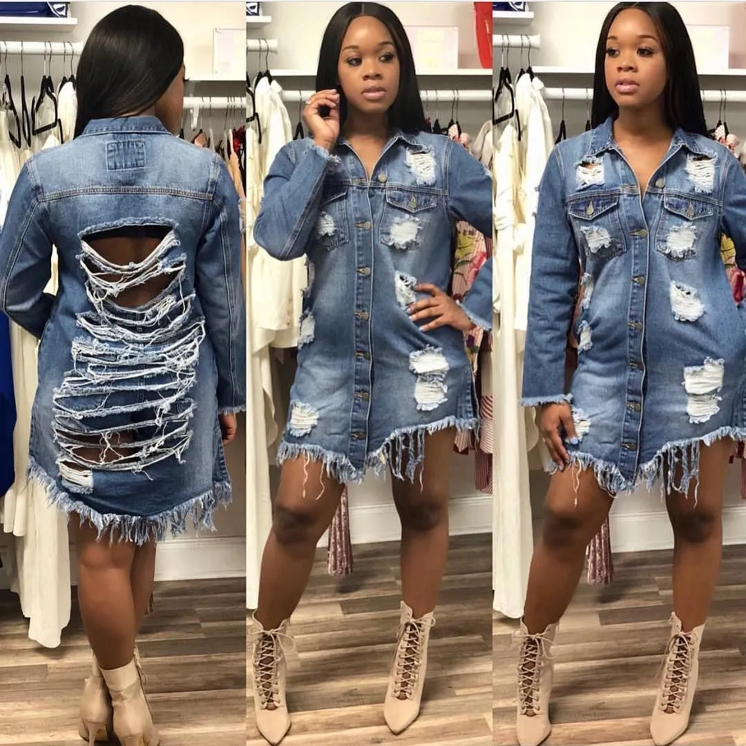 Women's Oversized Long Boyfriend Distresse Jean Denim Jacket