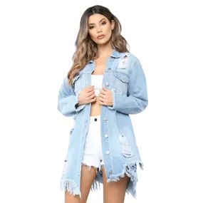 Women's Oversized Long Boyfriend Distresse Jean Denim Jacket