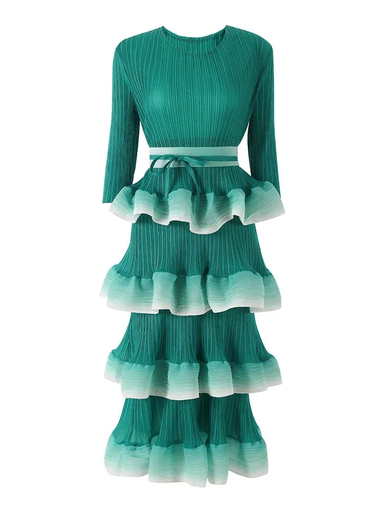 Women's Pleated Tiered Pleated Midi Dress