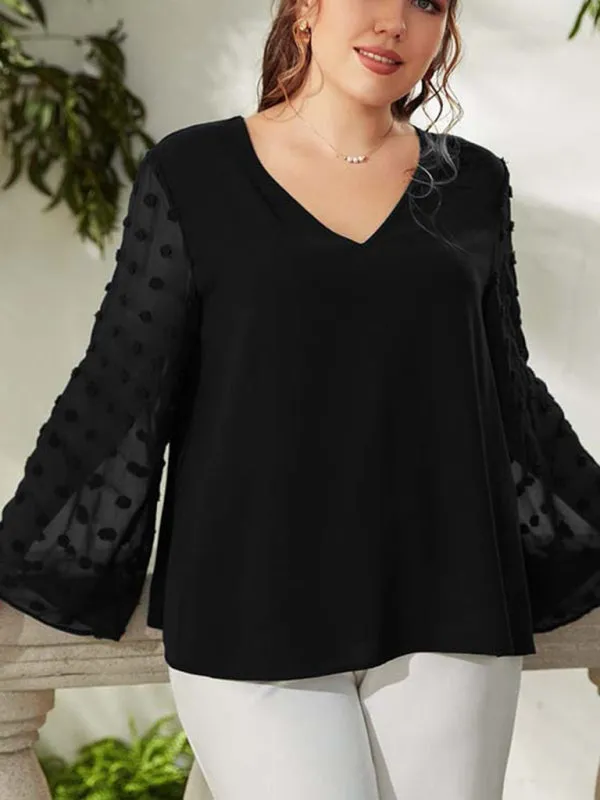 Women's Plus Size Solid Colour Blouse With Sheer Polka Pot Sleeves