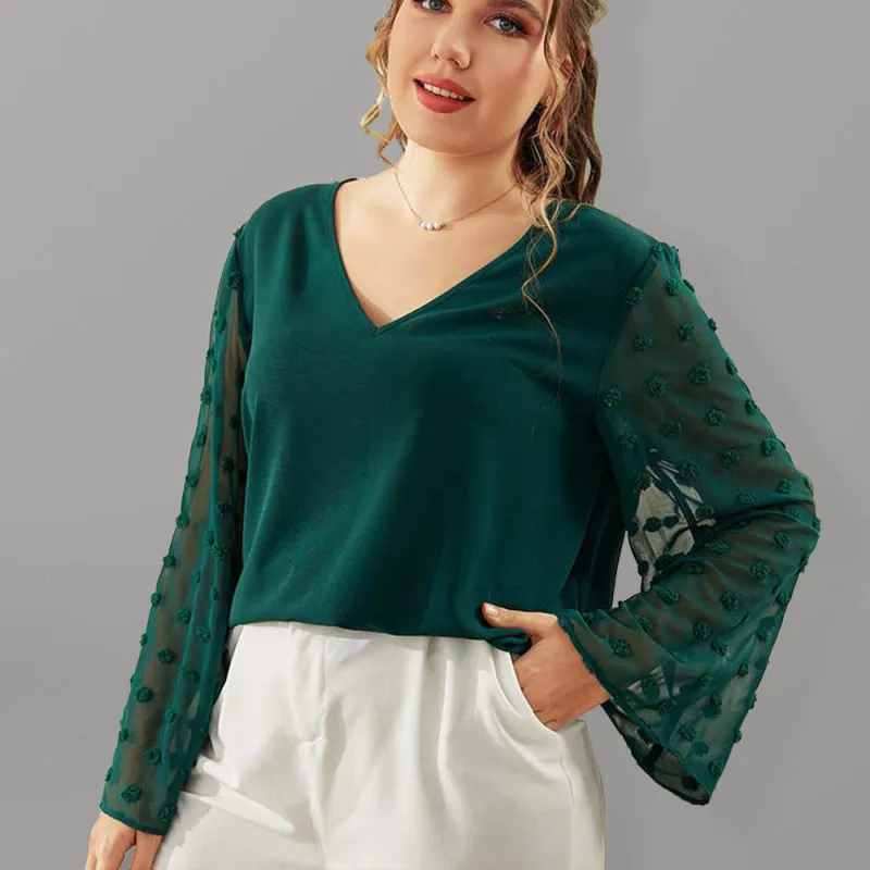 Women's Plus Size Solid Colour Blouse With Sheer Polka Pot Sleeves