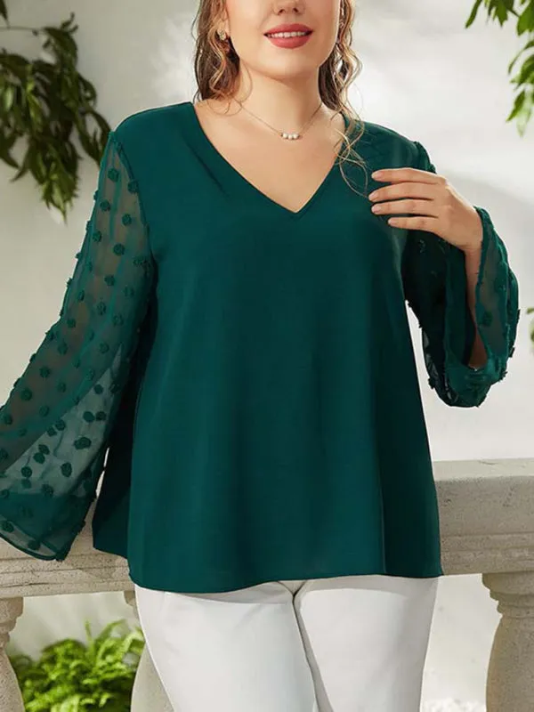 Women's Plus Size Solid Colour Blouse With Sheer Polka Pot Sleeves