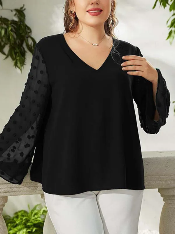 Women's Plus Size Solid Colour Blouse With Sheer Polka Pot Sleeves