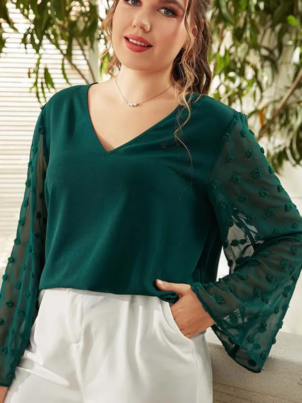 Women's Plus Size Solid Colour Blouse With Sheer Polka Pot Sleeves