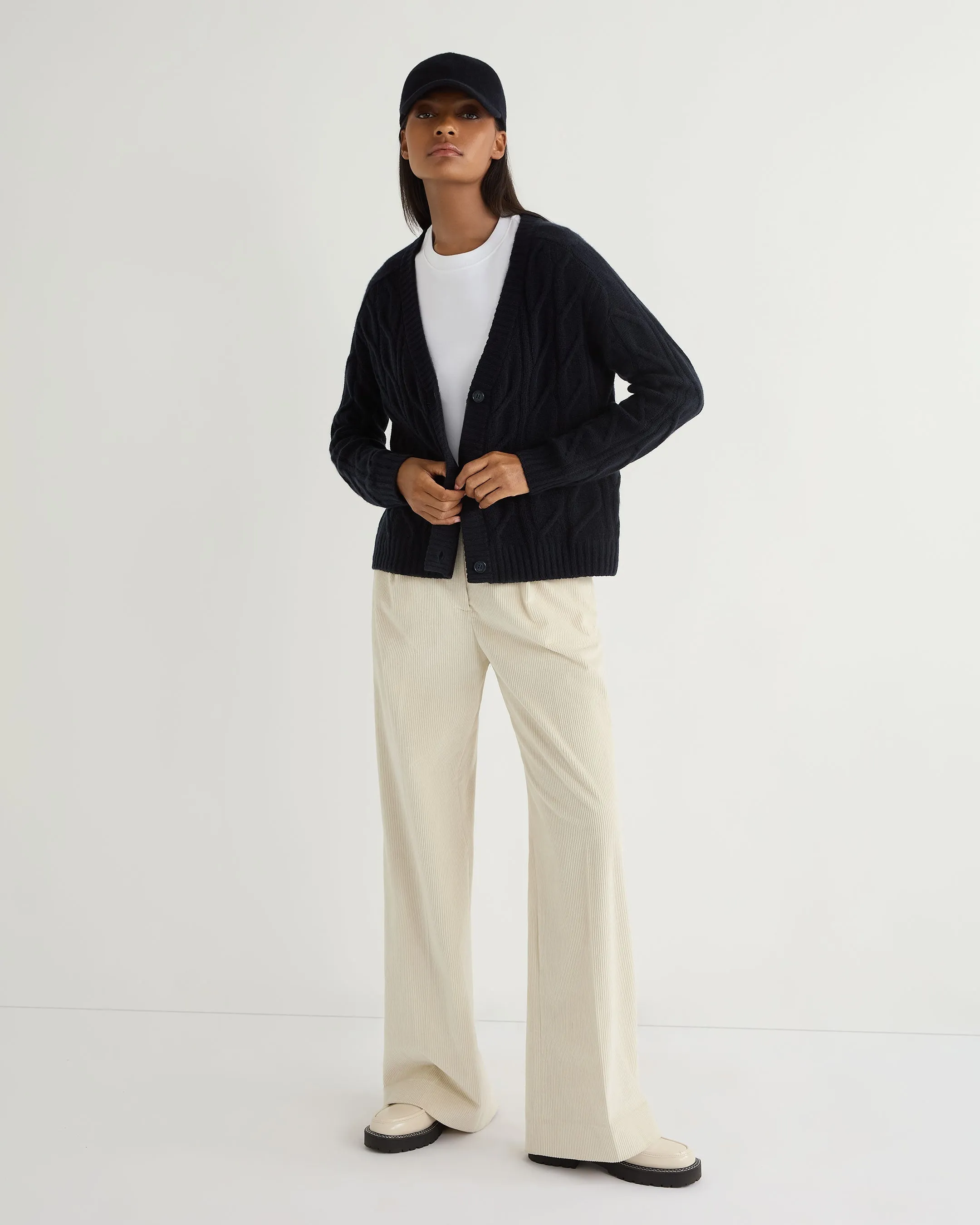 Women's V Neck Cable Cashmere Cardigan Navy Blue