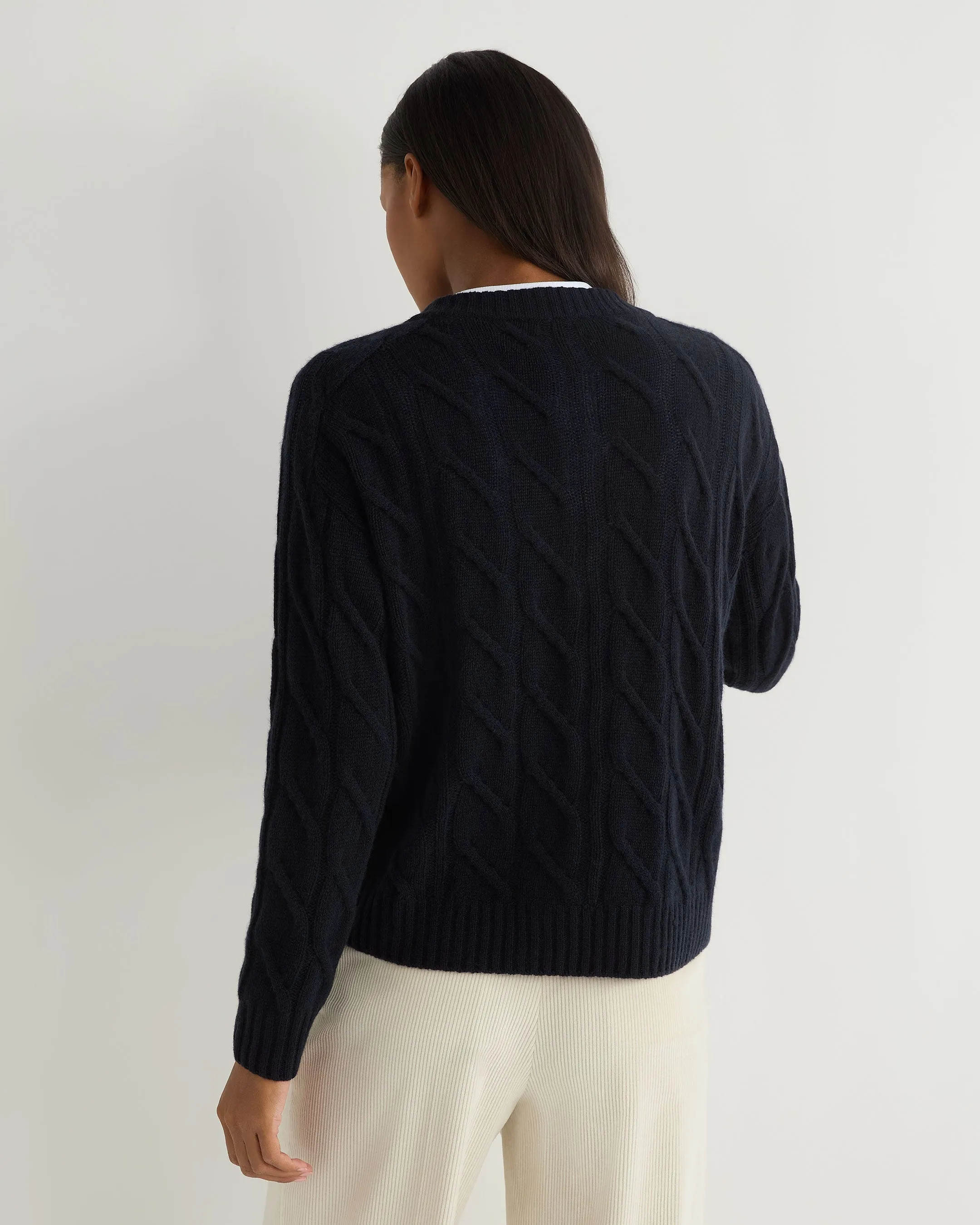 Women's V Neck Cable Cashmere Cardigan Navy Blue